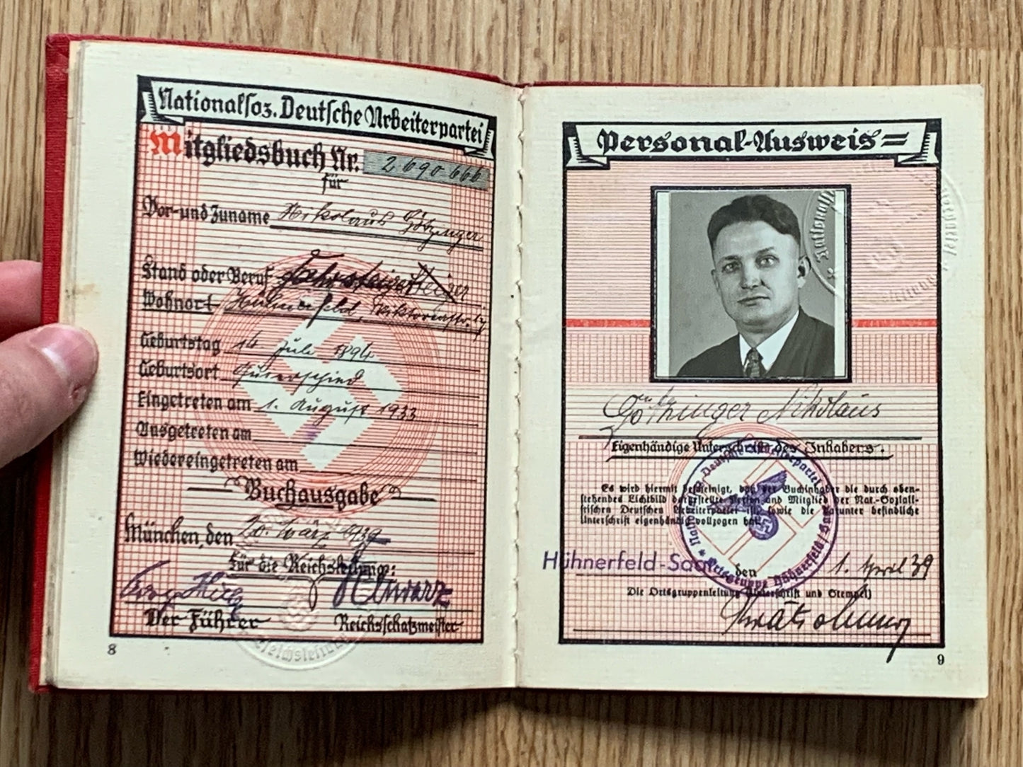 NSDAP membership booklet - Blockleiter official, Rudolf Hess reference