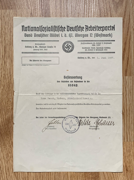 BDM leader NSDAP membership approval letter