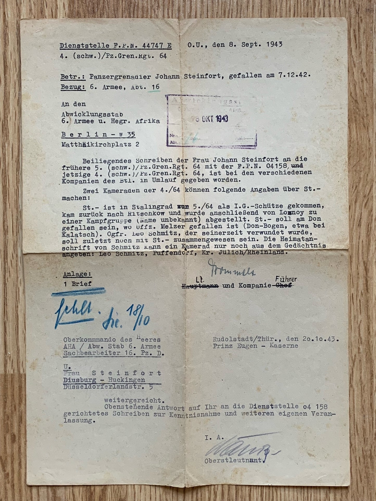 Letter grouping - Panzergrenadier KIA near Stalingrad 1942
