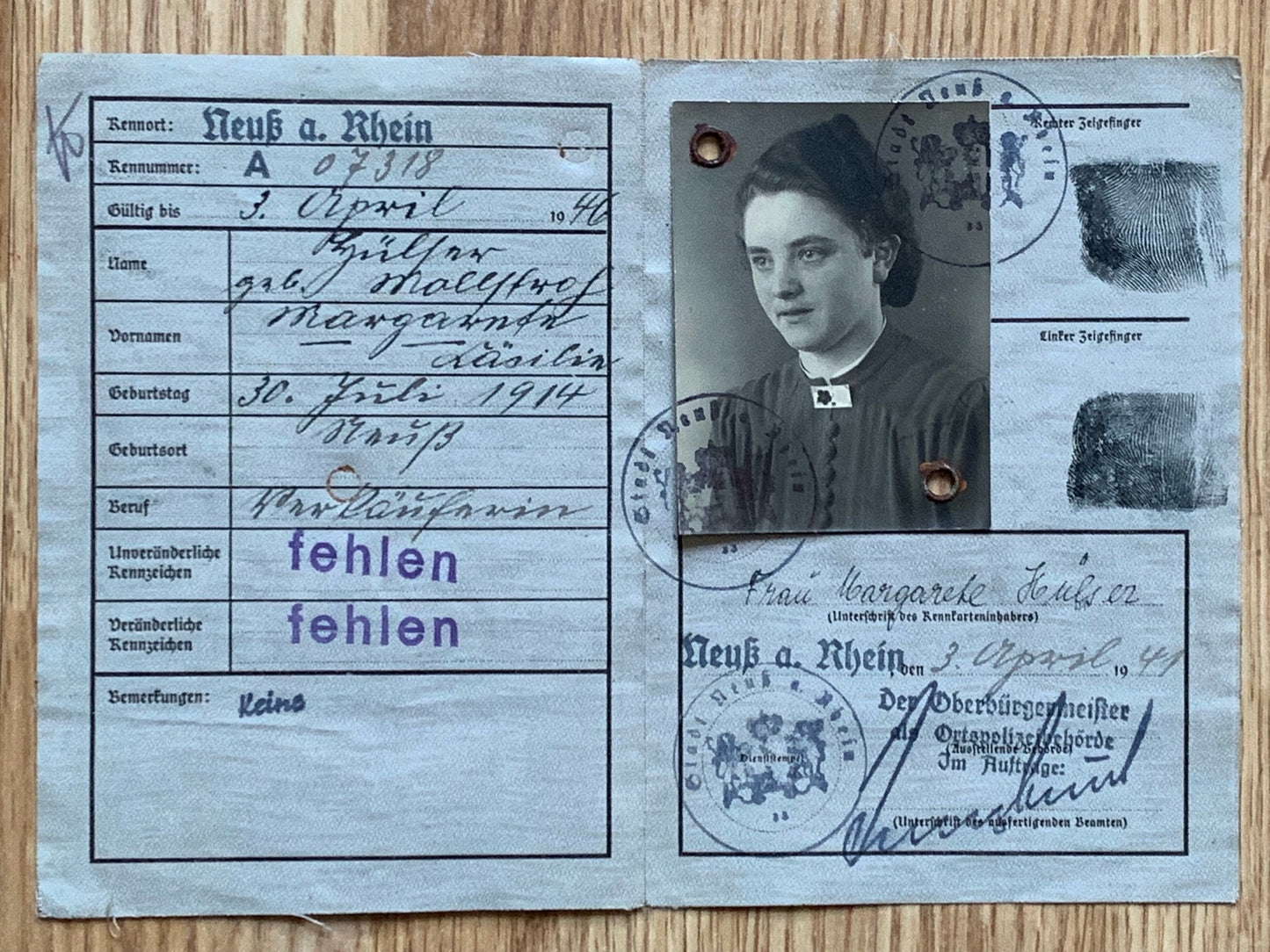 Kennkarte - 1941, Düsseldorf area resident