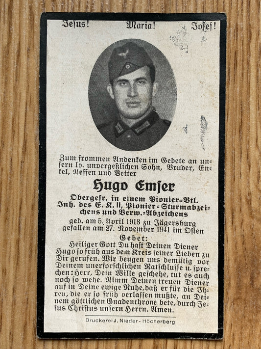 WW2 German Death Card - Combat Engineer 1941
