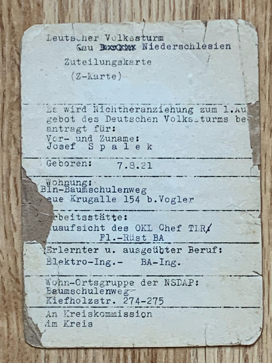 Volkssturm Z-Karte - deferment card