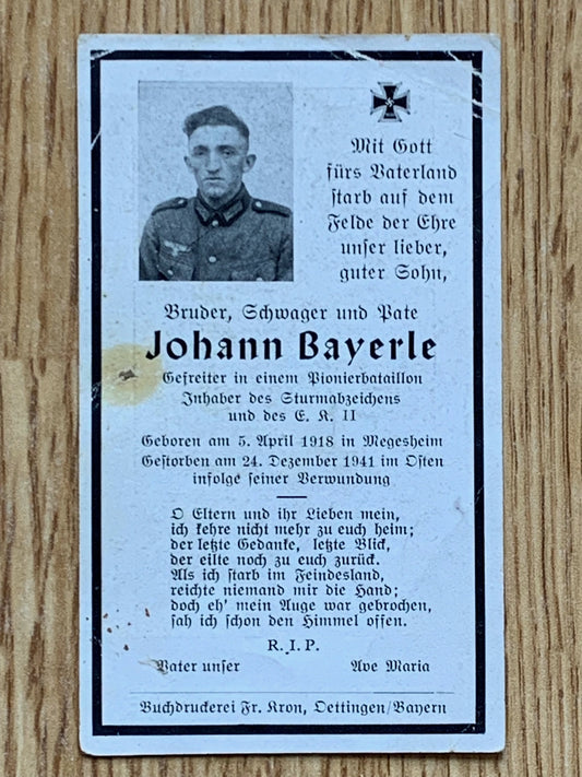 WW2 German Death Card - Veteran Combat Engineer