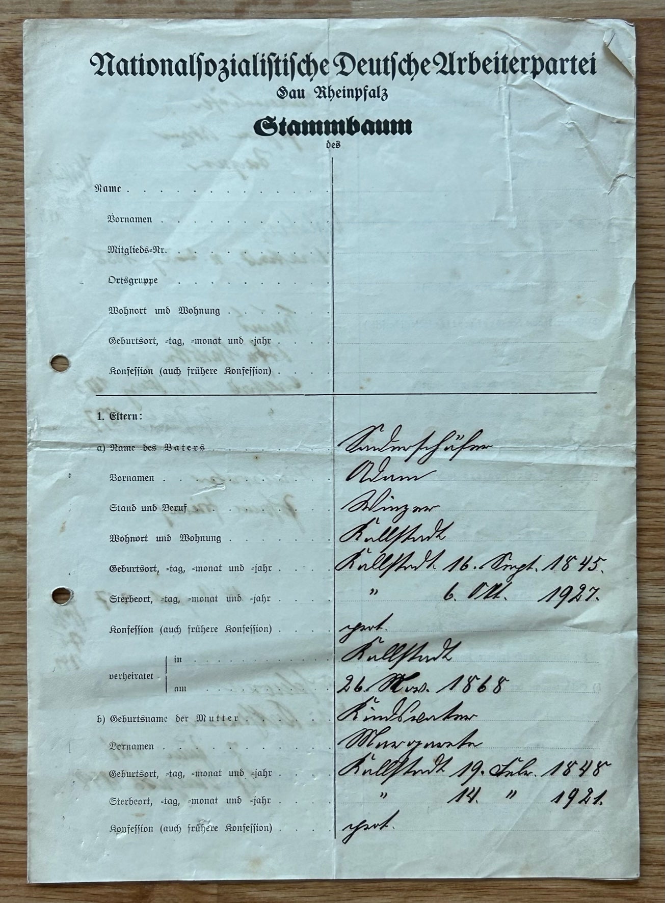 NSDAP - Family tree document