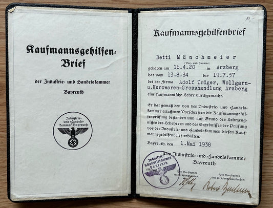 Skilled worker certificate - commerce, 1938 Bayreuth