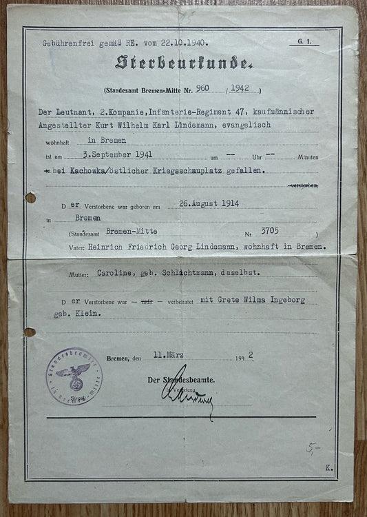 Death certificate - Infantry lieutenant, KIA Ukraine Sept 1941