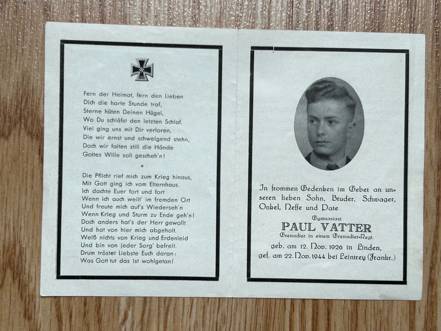 WW2 Death Card - Teen, KIA France Nov 44