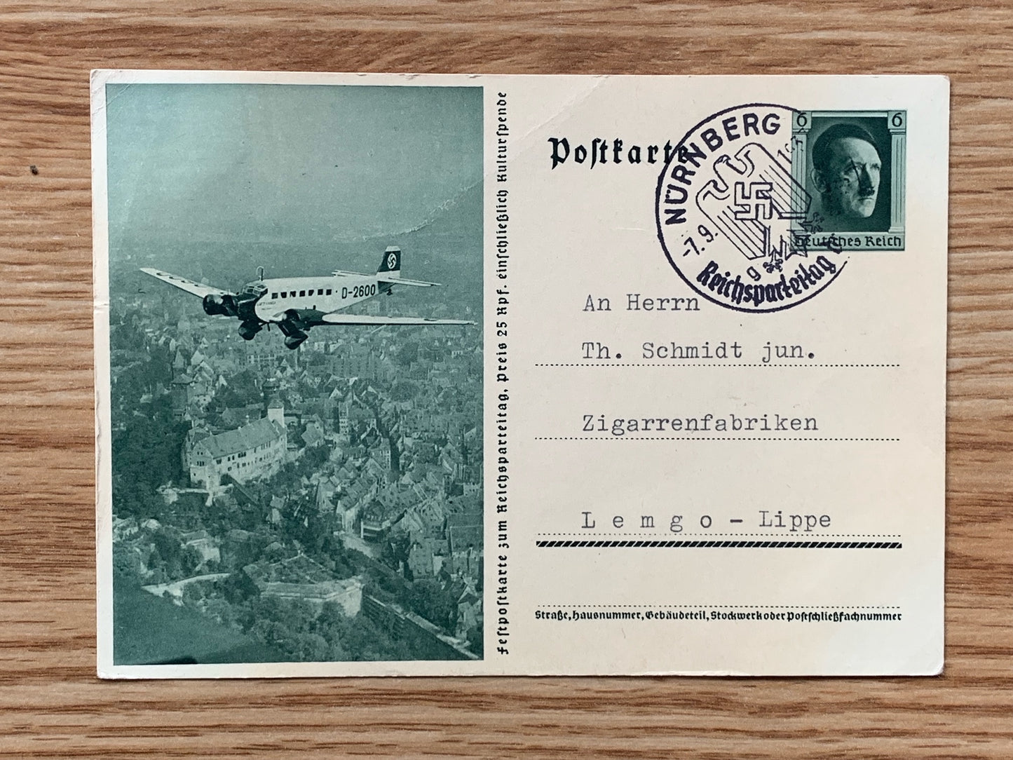 Hitler flying over Nuremberg photo postcard - Reichsparteitag 1937