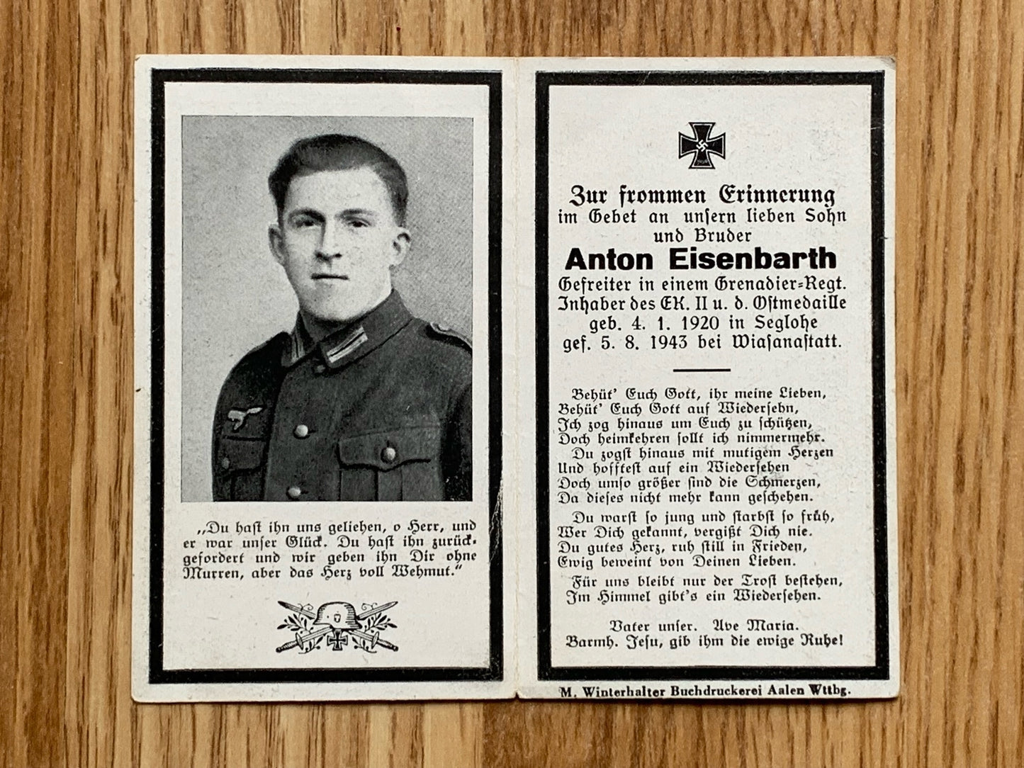 WW2 German Death Card - Decorated infantryman