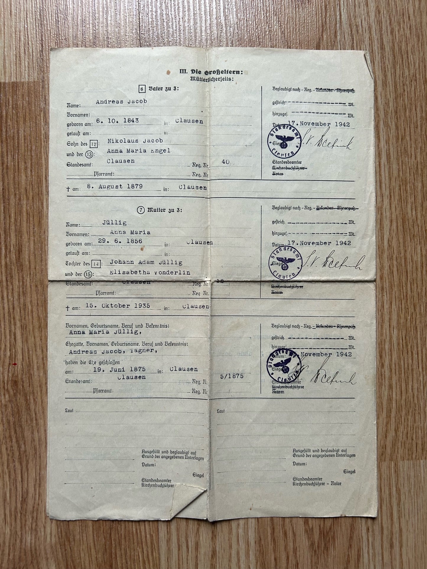 Third Reich Ancestry document - Wehrmacht stamped
