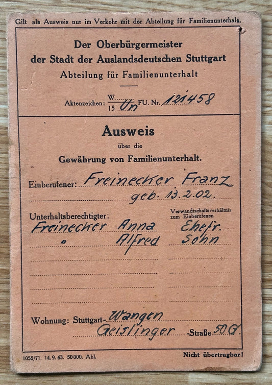 Bombing compensation card - Stuttgart 1943