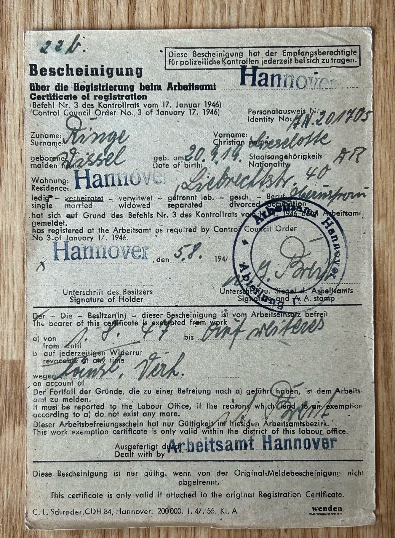 Third Reich “Goods registration card” - Hannover 1943