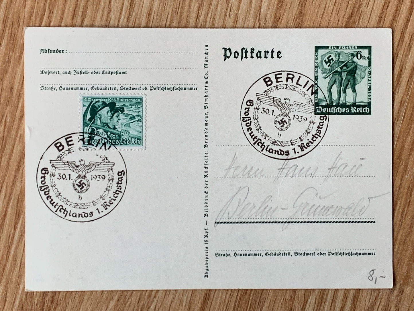 Anschluss commemoration postcard - 1939 event stamps