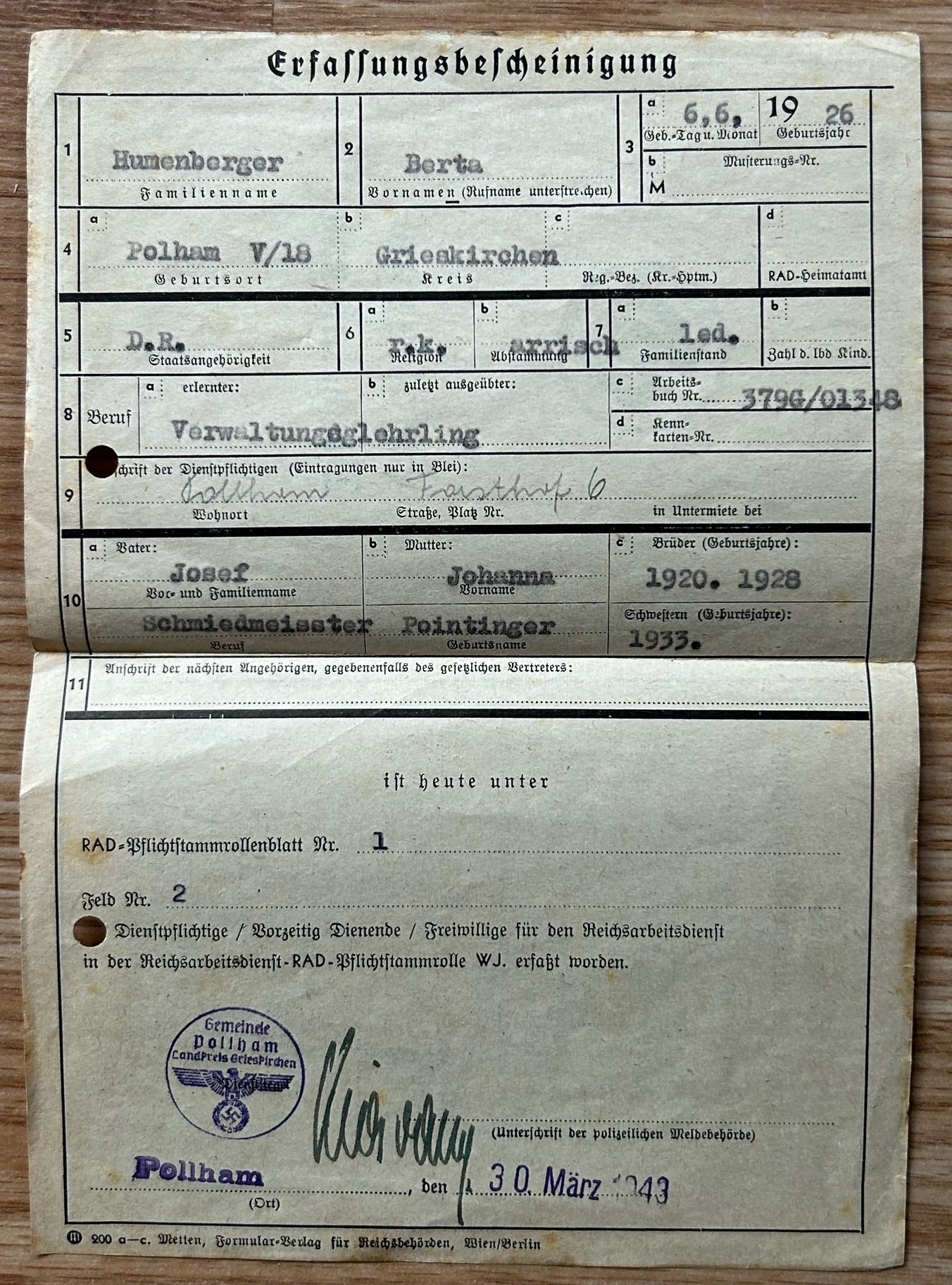 RAD end of service card - Austrian teen, 1943