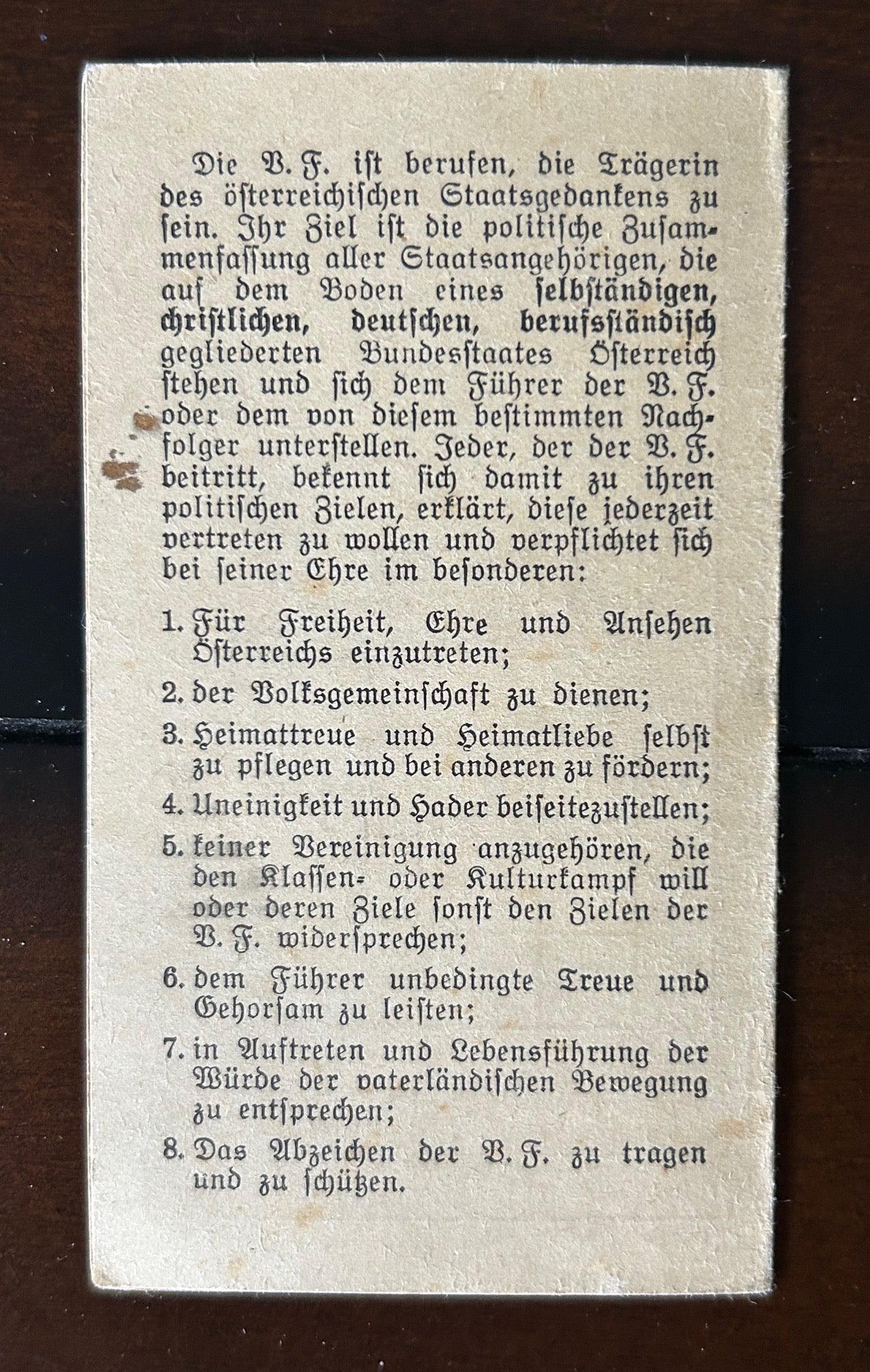 Austrian 1937 Fatherland Front membership card