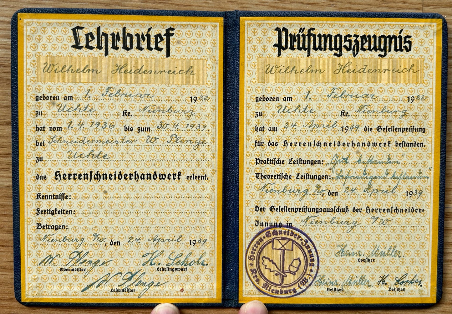 Tailor training certificate 1939
