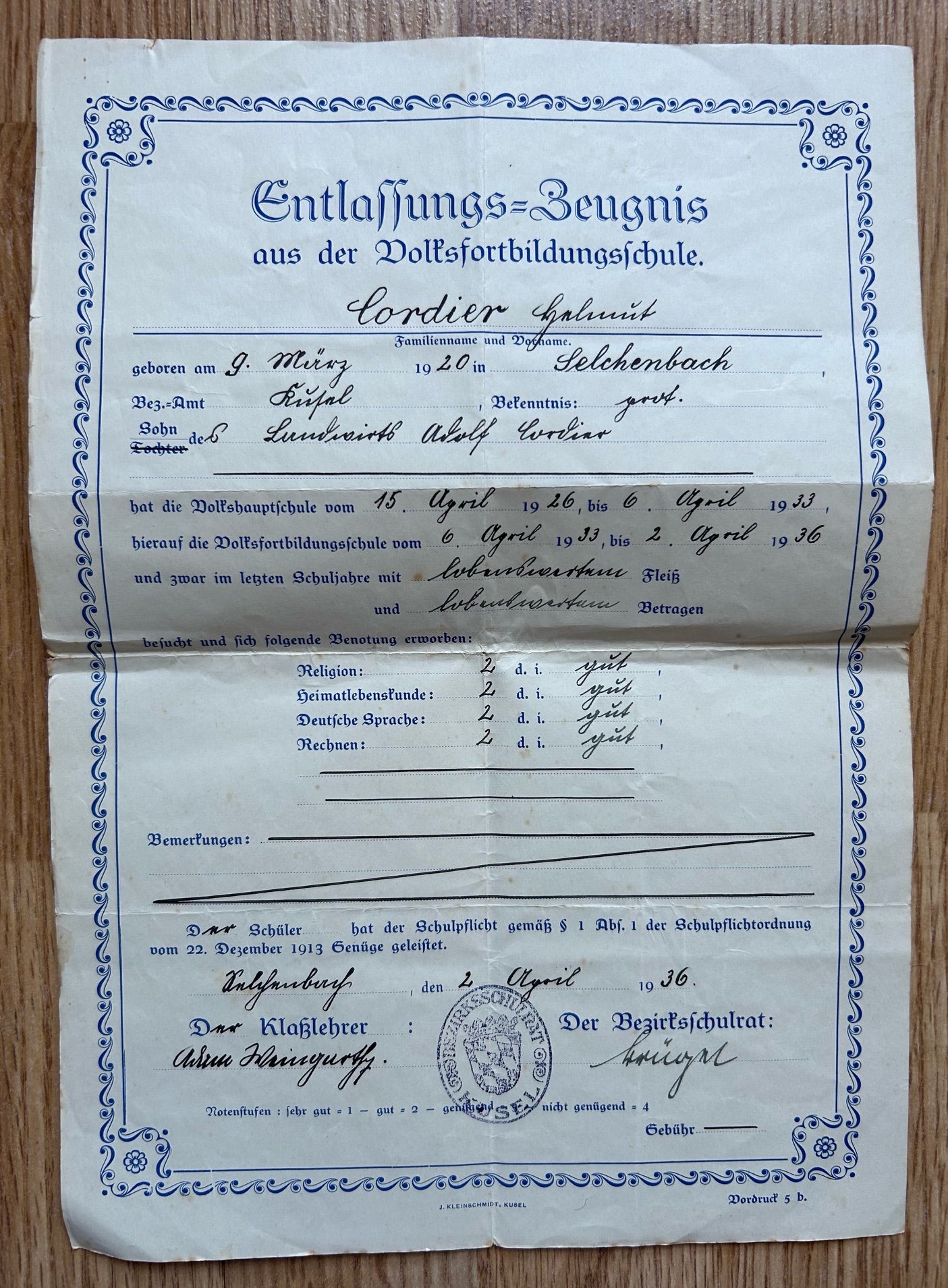 1936 High school completion certificates - Rhineland student