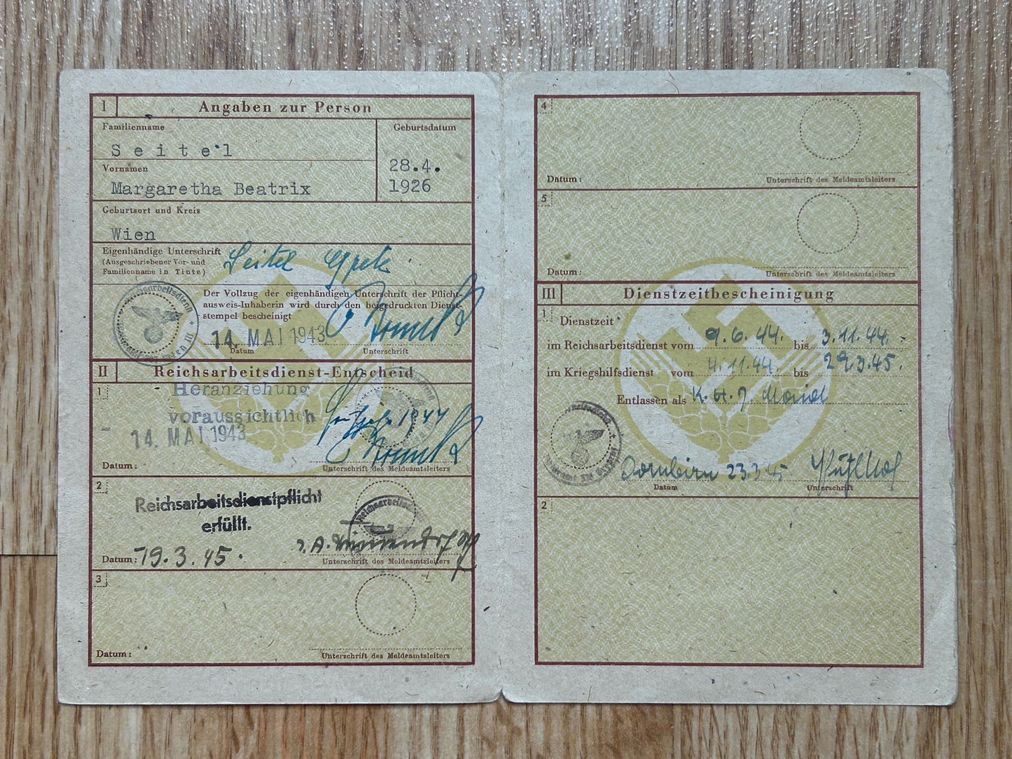 RAD ID card - Austrian Female member, military service 1944-45
