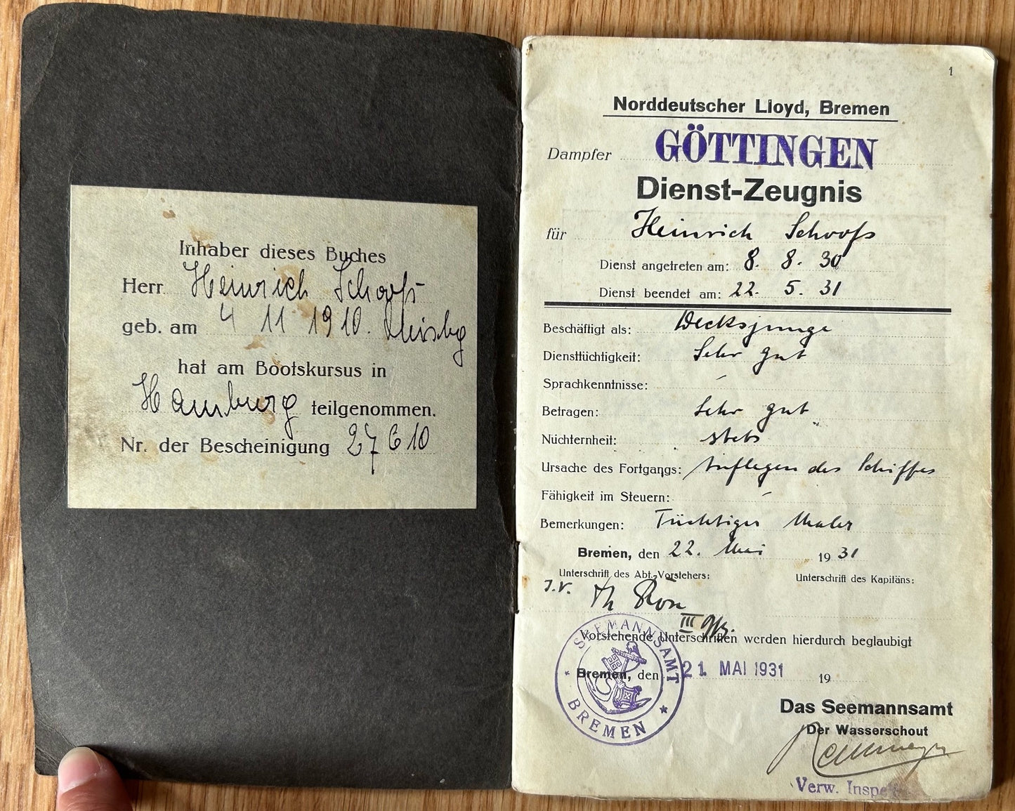 German Sailor service record and pay booklets