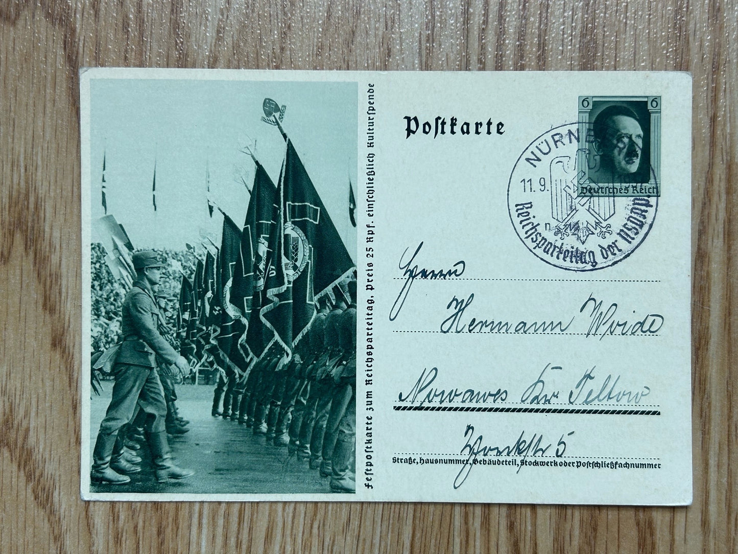 RAD marching troops postcard - Reichsparteitag 1937 stamp