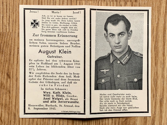 WW2 German Death Card - soldier, KIA August 1943