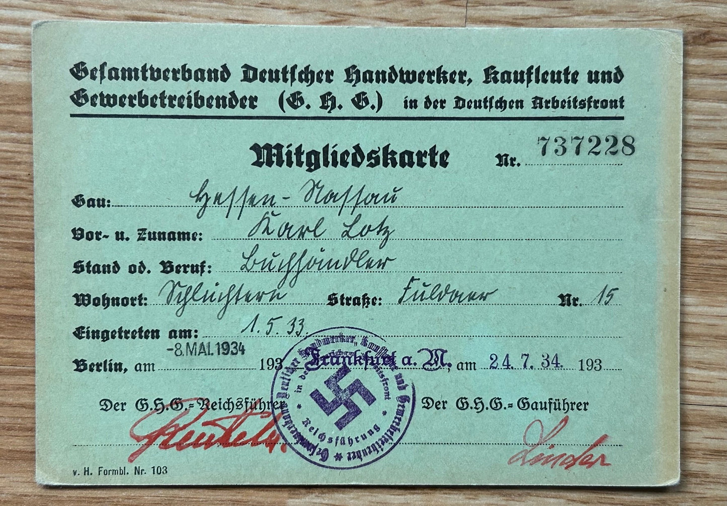 Early DAF craftsmen organization membership card