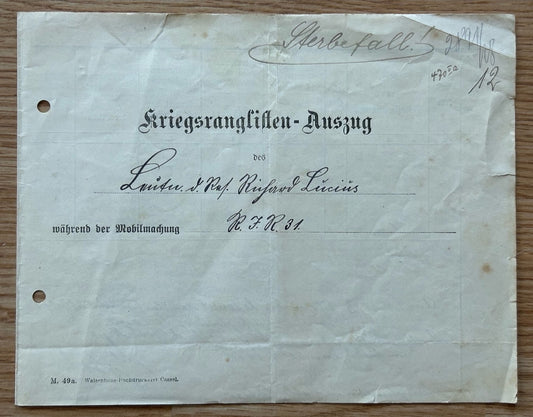 WW1 War Records document - Decorated officer KIA 1918