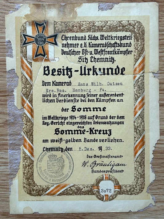 Award Document - WW1 Somme Kreuz, Hamburg soldier