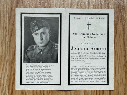 WW2 Death Card - Infantryman, KIA July 43