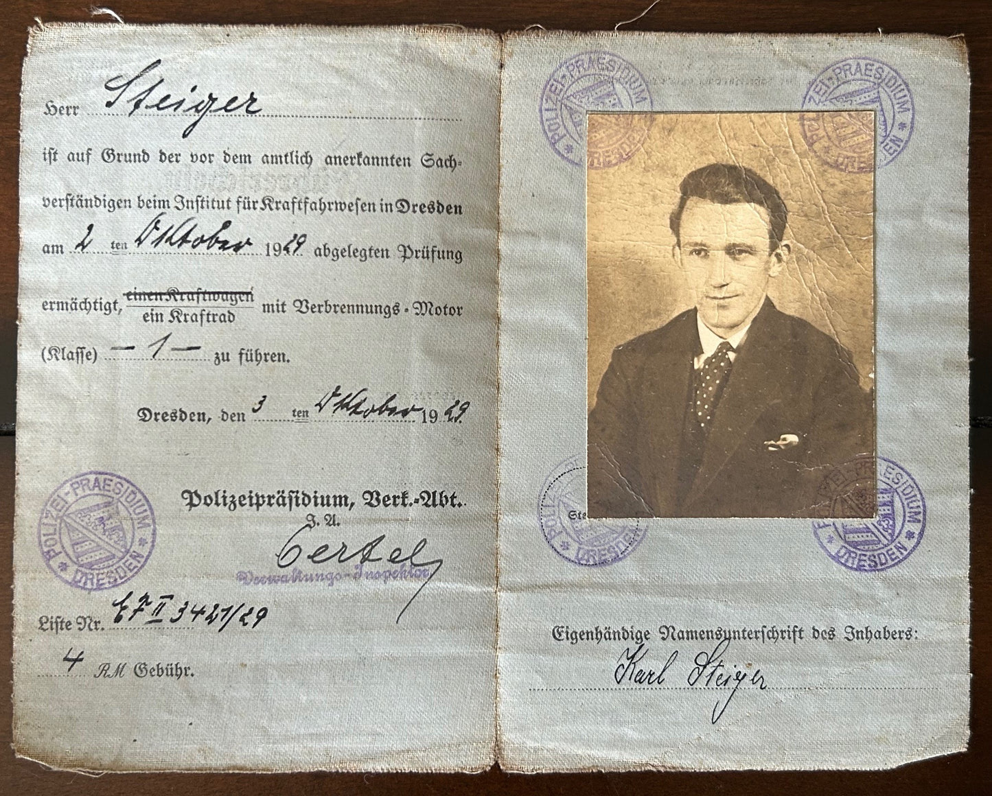 1929 German driver’s license - motorcycle, Dresden