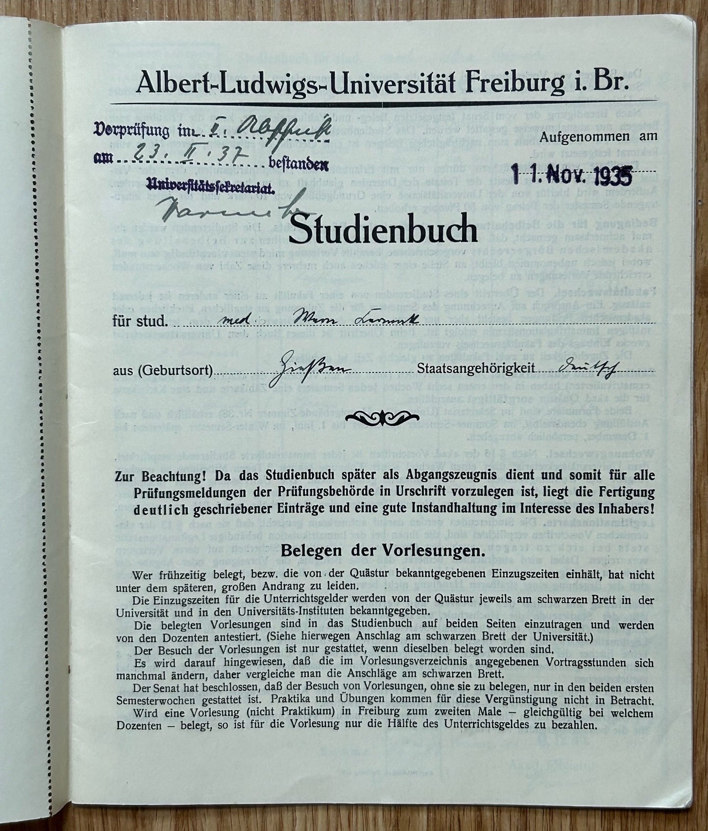 Studienbuch - medical student, Freiburg university 1937