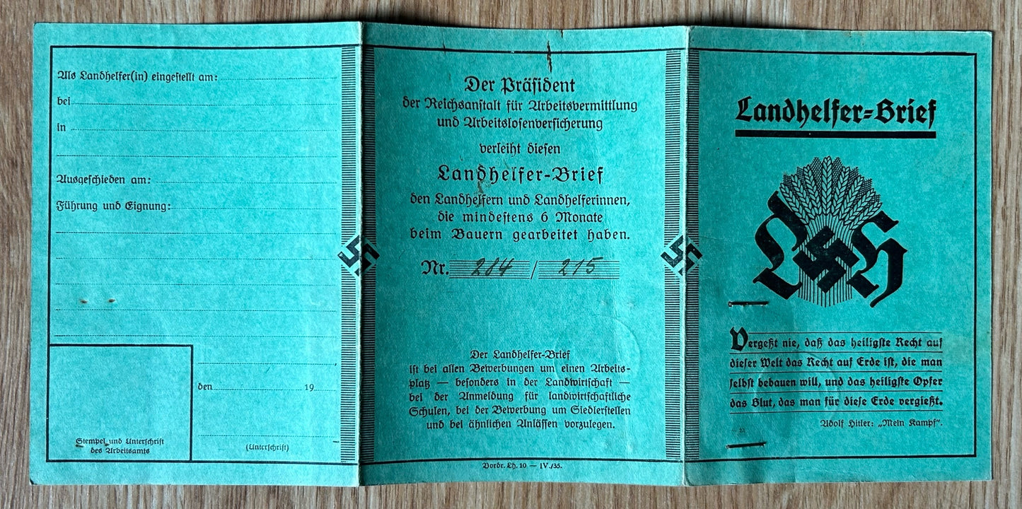Landhelfer Brief - Land service ID card with condolence letter