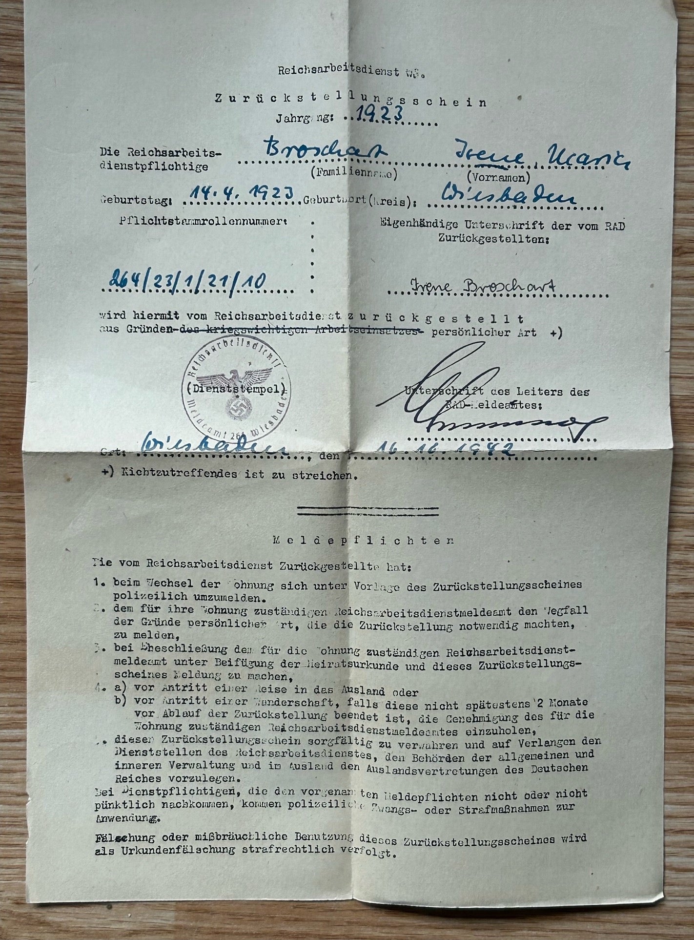 RAD registration card - female member, Wiesbaden 1941