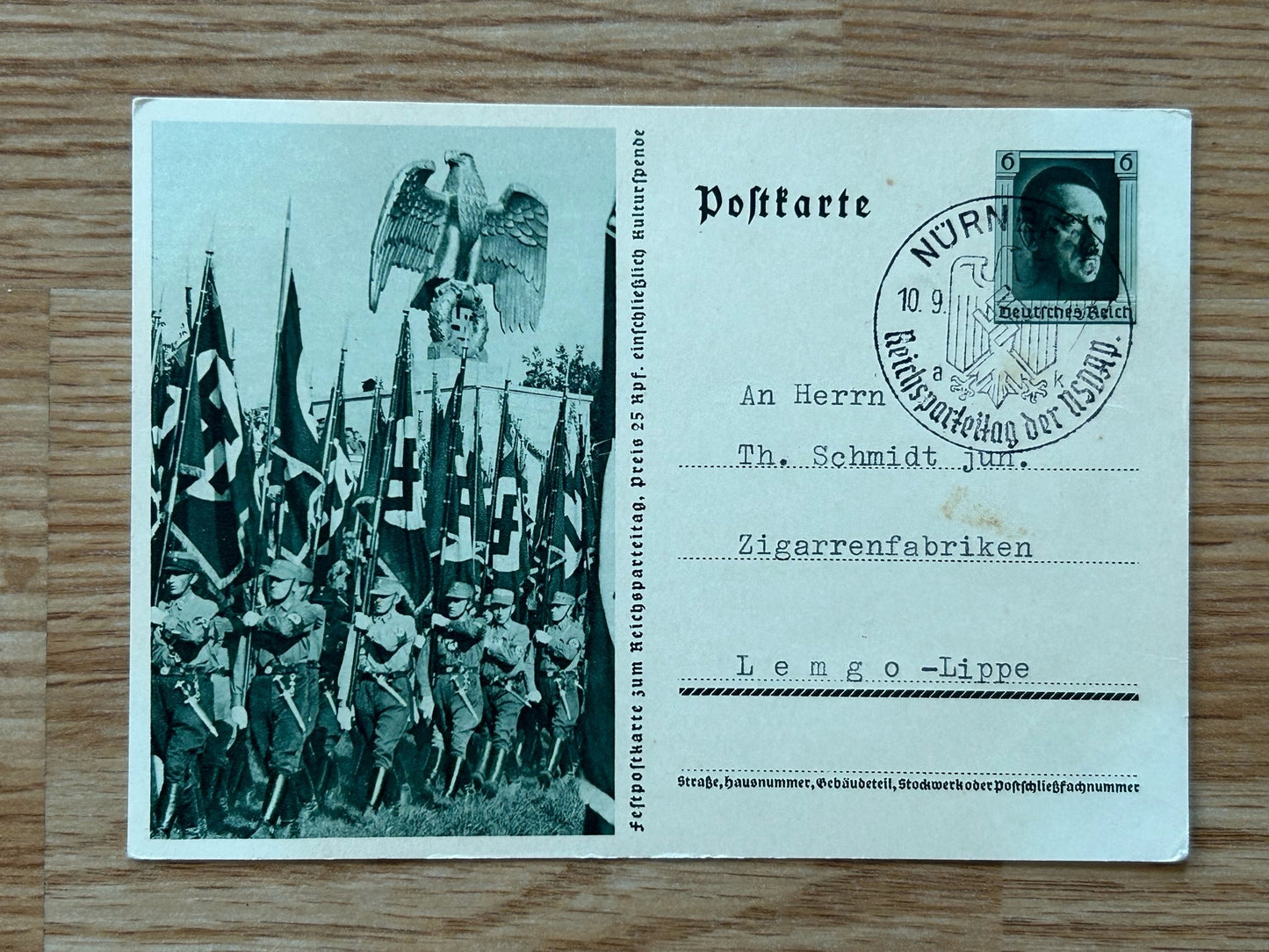 SA troops photo postcard - 1937 Nuremberg rally stamped