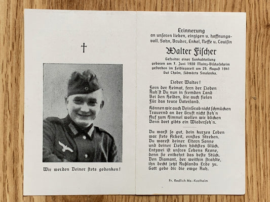 WW2 German Death Card - Signals soldier, KIA Smolensk 1941