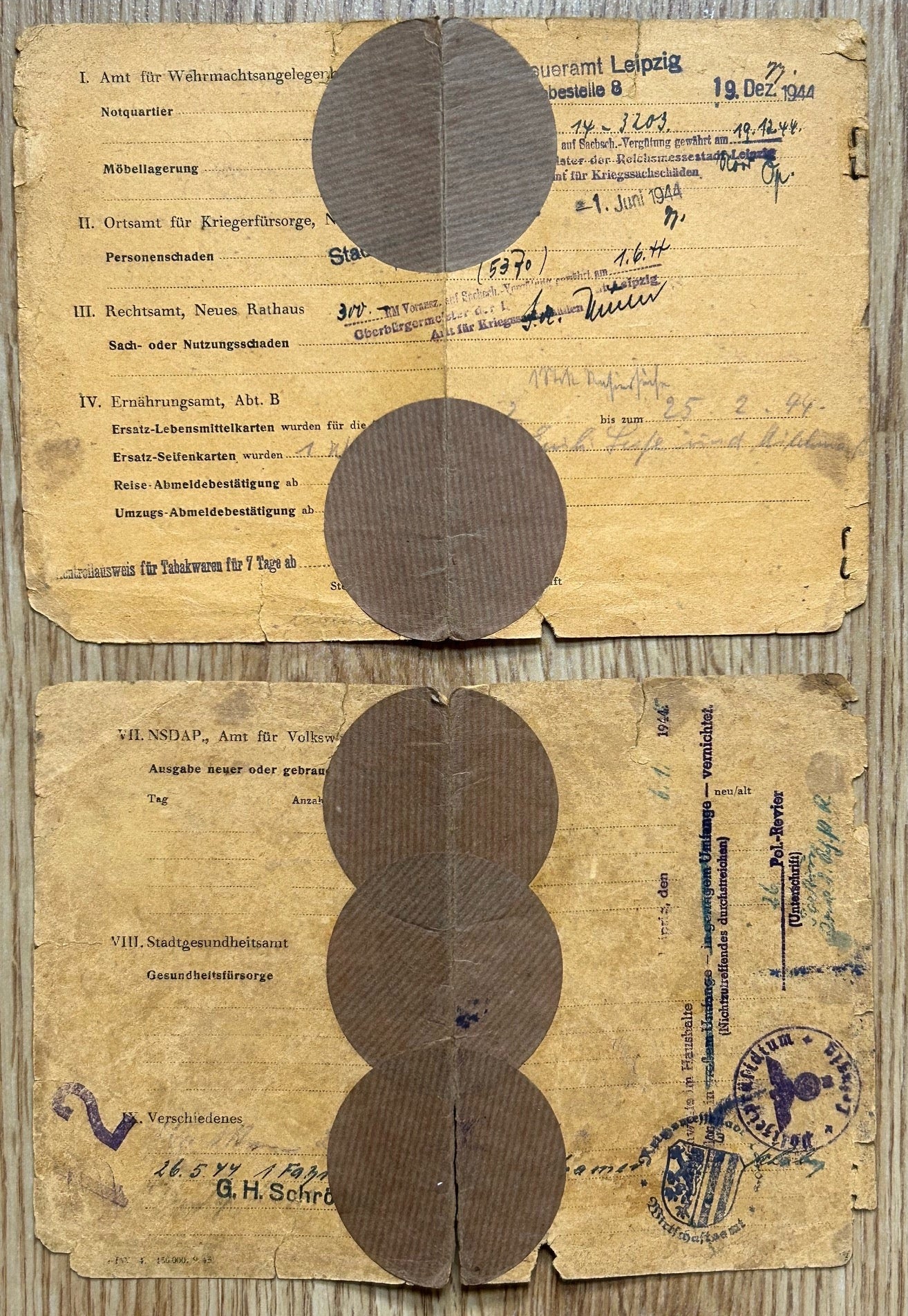 Bombing compensation card 1944-45