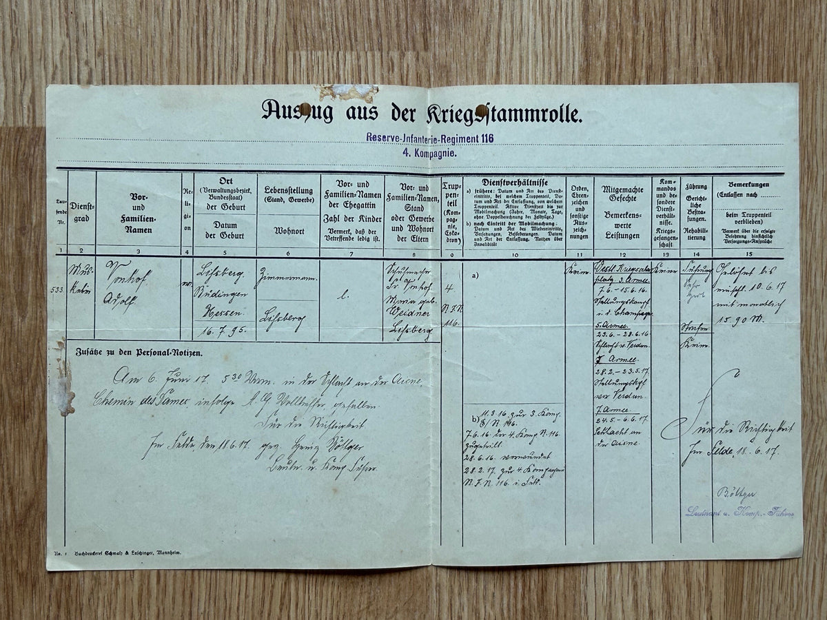 German Records WW1 German service records - Verdun veteran KIA 1917 – ABmilitaria