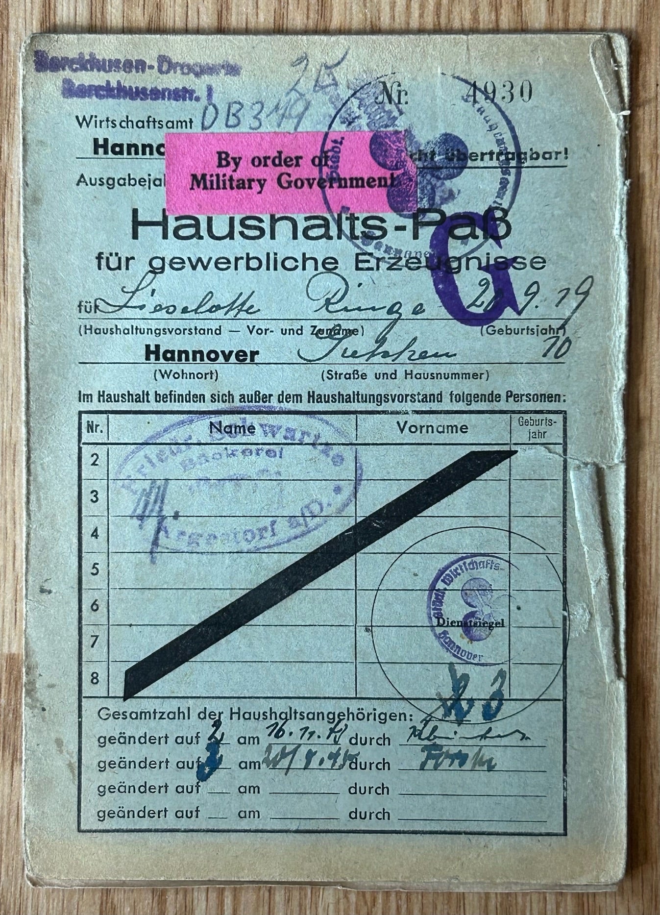 Third Reich “Goods registration card” - Hannover 1943