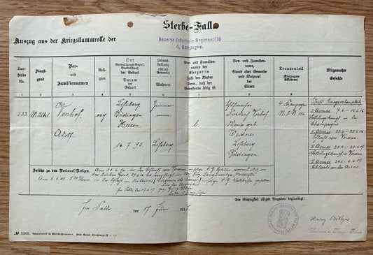 WW1 Death Records document - Soldier KIA mid-1917