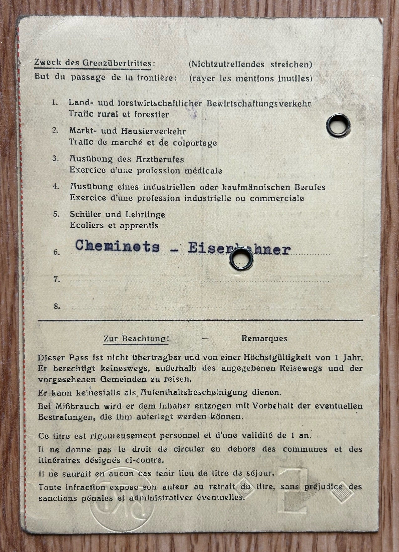 Post-WW2 Grenzkarte / Border crossing ID card - Railway worker