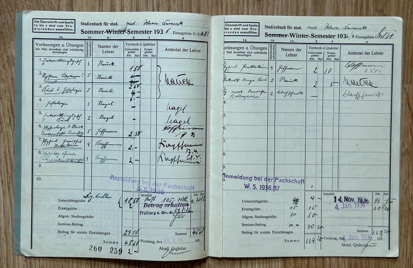 Studienbuch - medical student, Freiburg university 1937