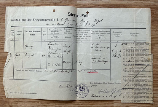 WW1 Death Records document - Soldier KIA mid-1918