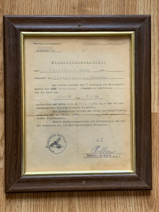 Framed NSKK enrolment document 1939