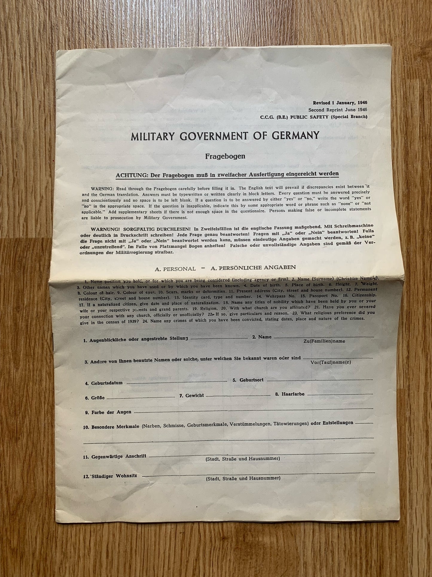 Post-WW2 Occupied Germany Denazification document