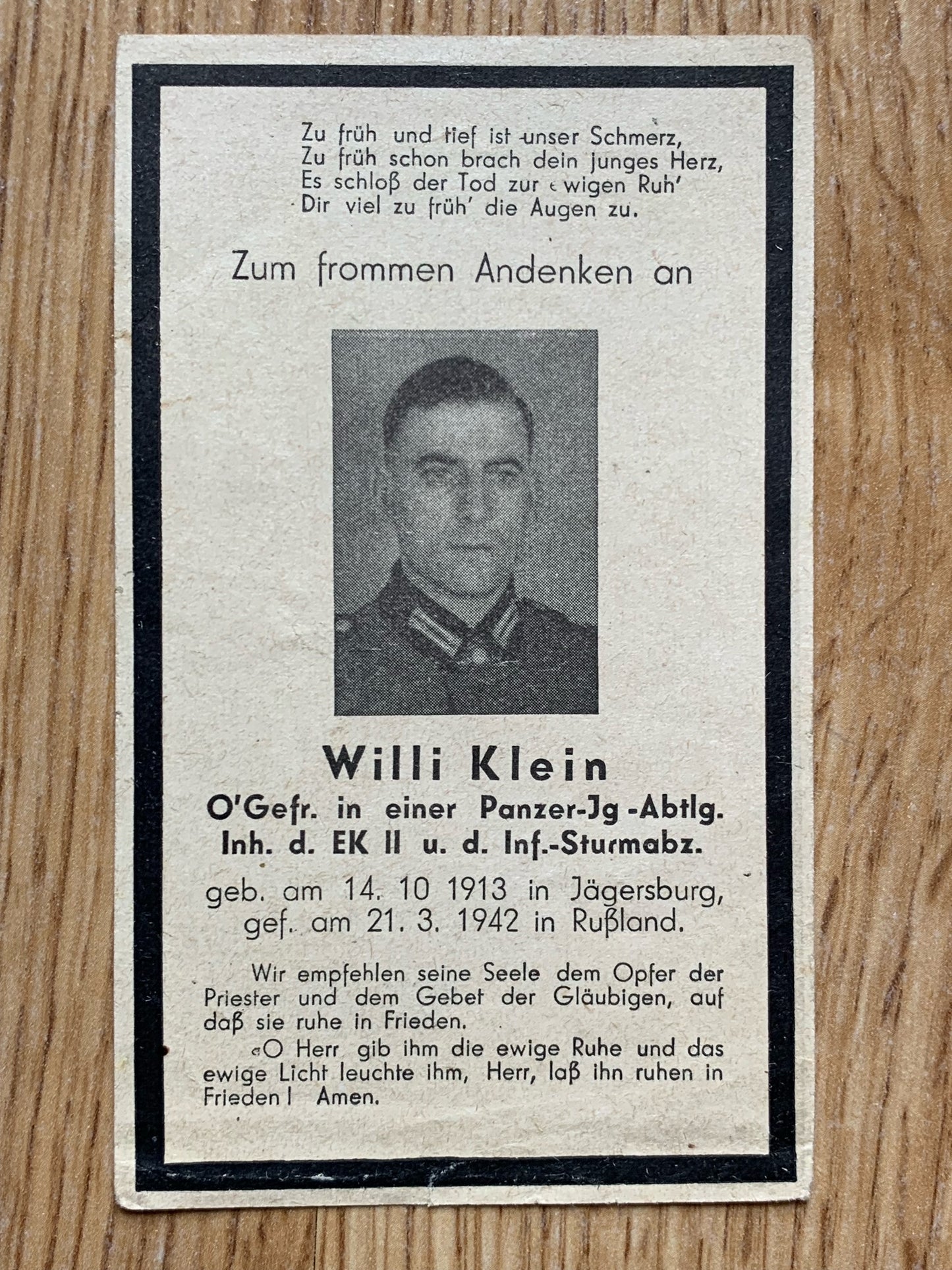 WW2 German Death Card - Panzerjäger veteran 1942