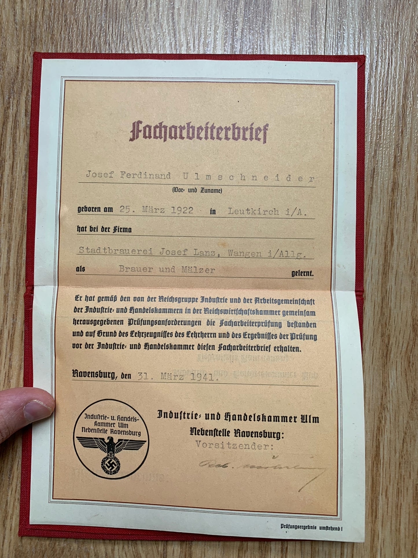 Skilled worker certificate - Brewer, 1941