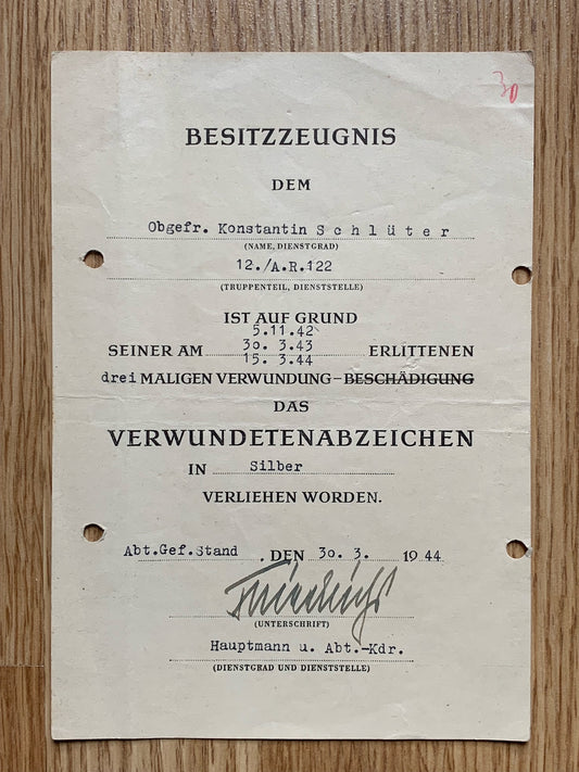 Silver Wound Badge award document