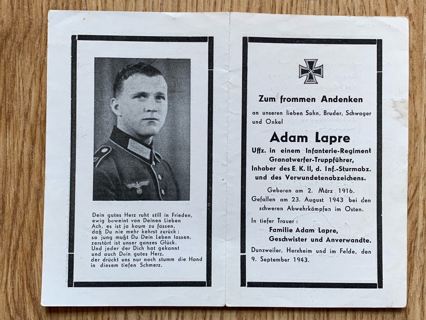 WW2 German Death Card - NCO mortar squad leader