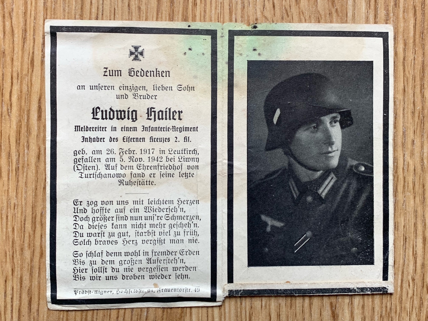 WW2 German Death Card - decorated infantry messenger 1942