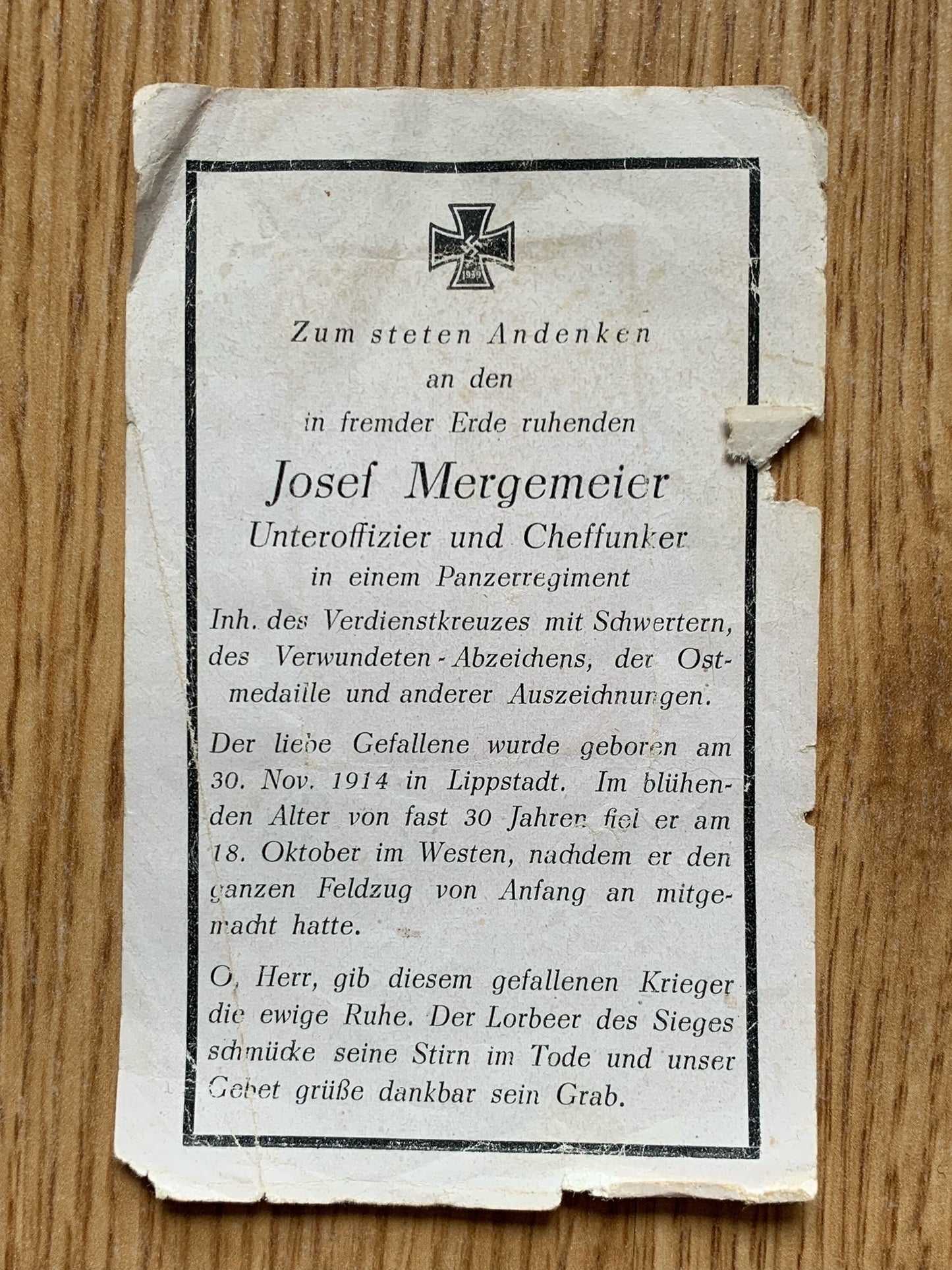 WW2 German Death Card - Veteran Panzer NCO